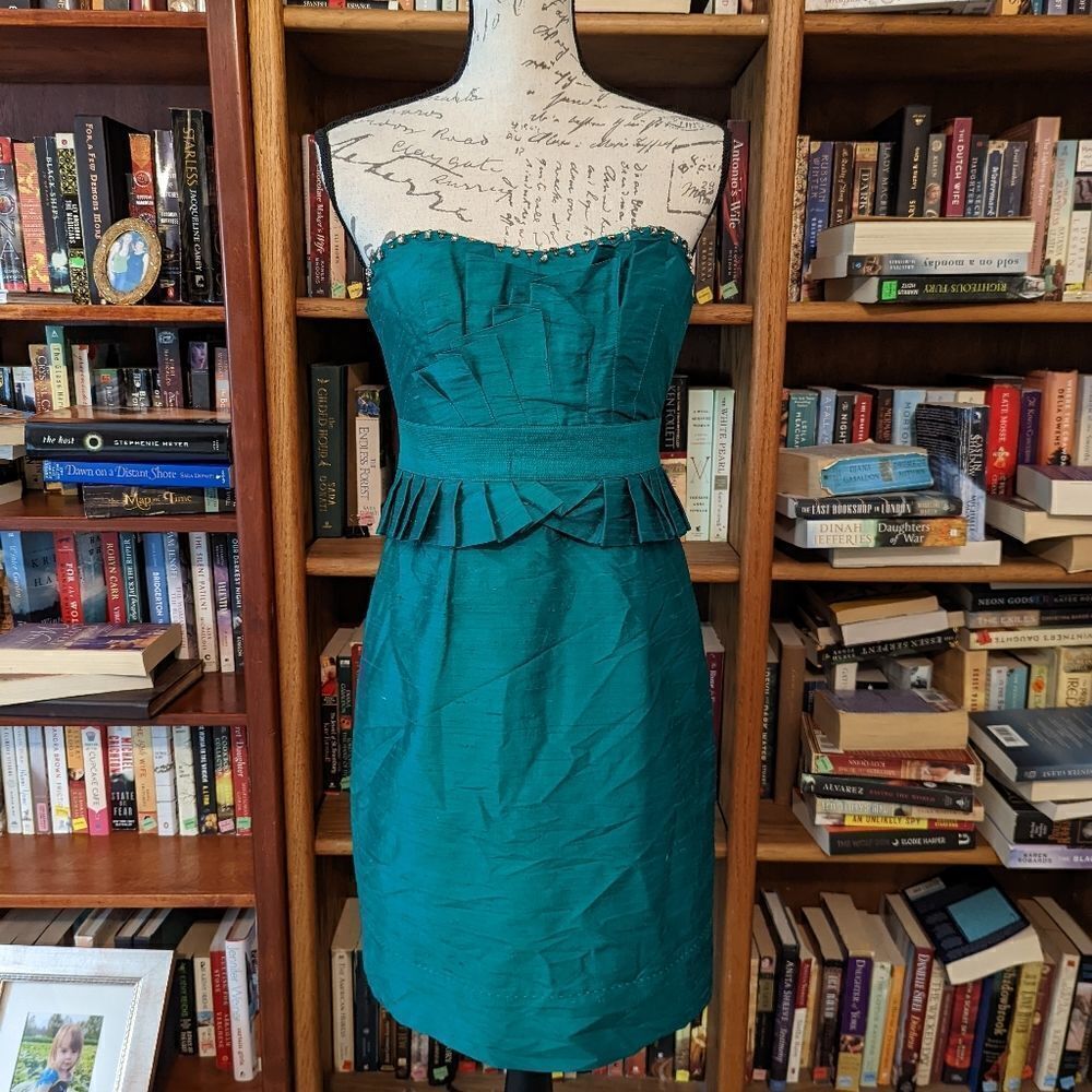 PHOEBE couture emerald green dupioni silk strapless rhinestone embellished dress